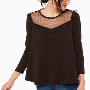 Kate Spade Point D’esprit Knit Top Black Sheer Polka Dot Ruffle Shirt - Small